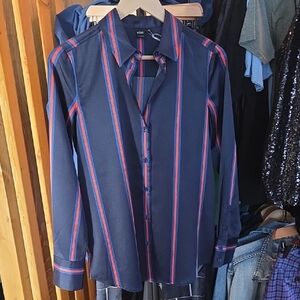 Womens Satiny Poly Blue and Red Striped Button Down Shirt